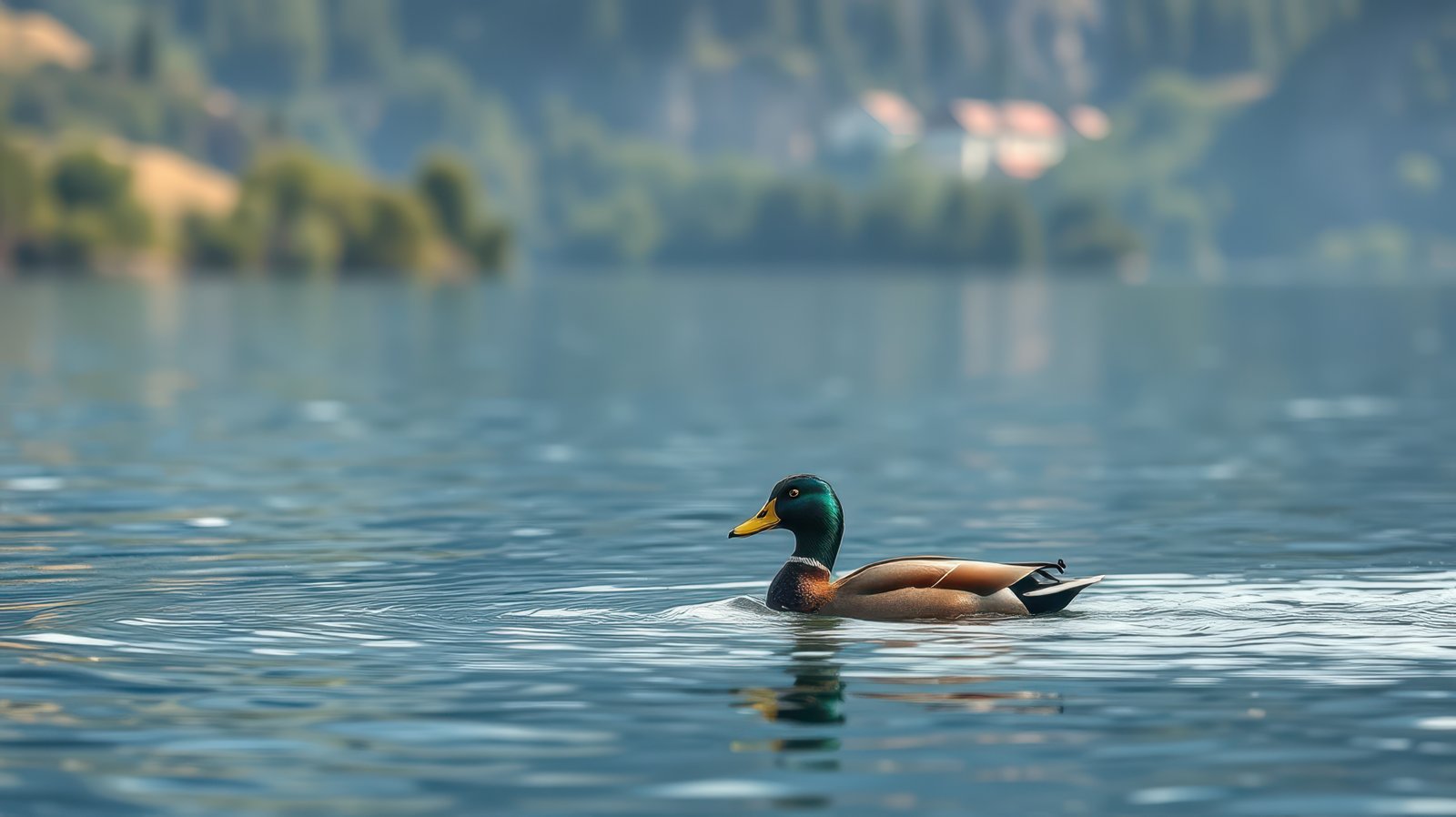 Mallard duck swimming in serene lake surrounded by lush trees on a clear day